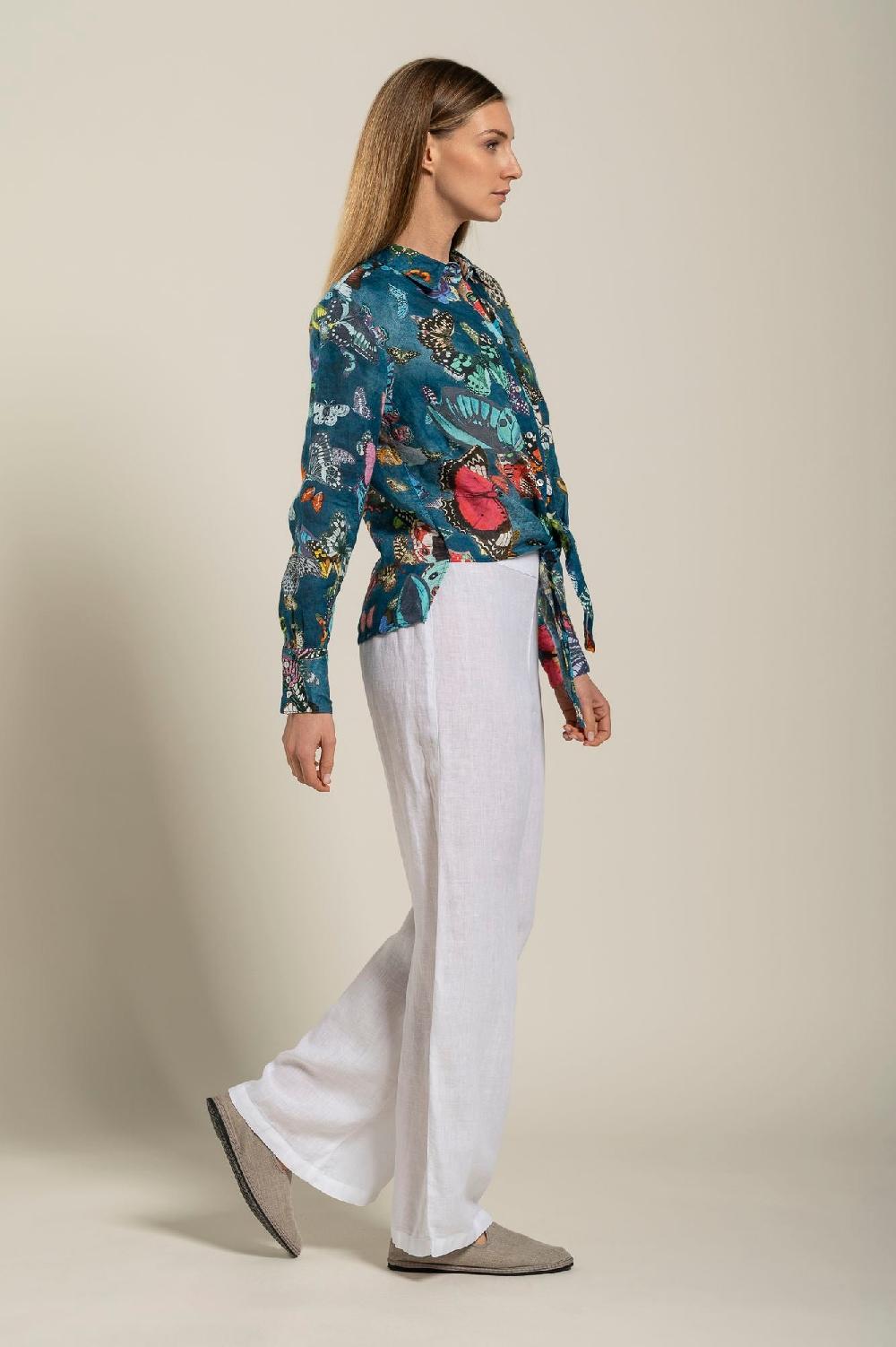 120% Lino Tie-Front Butterfly Print Shirt Hotsell