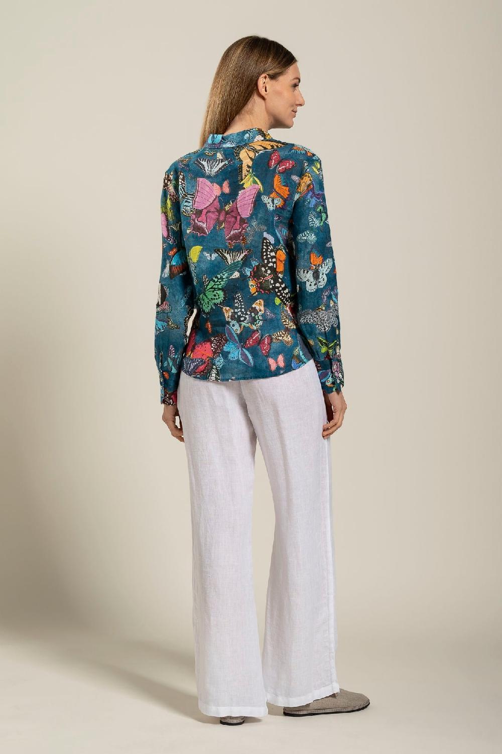 120% Lino Tie-Front Butterfly Print Shirt Hotsell