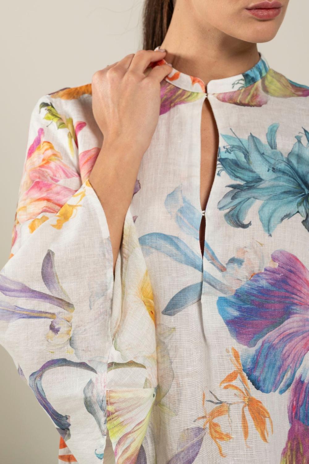 120% Lino Long Sleeve Floral Print Dress Saldi Di Fabbrica