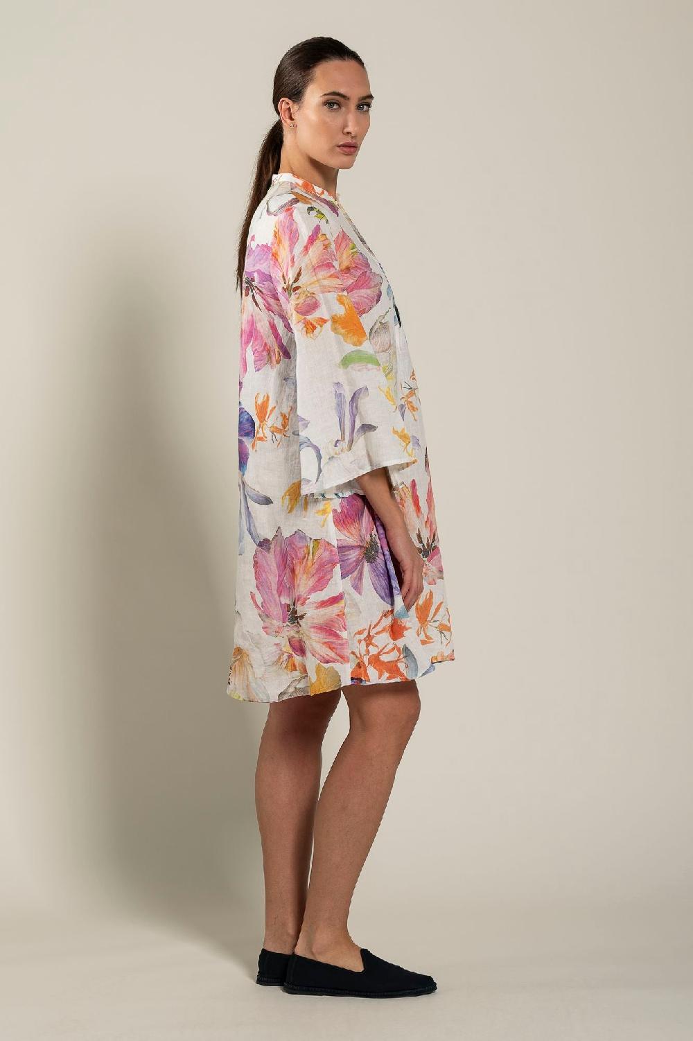 120% Lino Long Sleeve Floral Print Dress Saldi Di Fabbrica