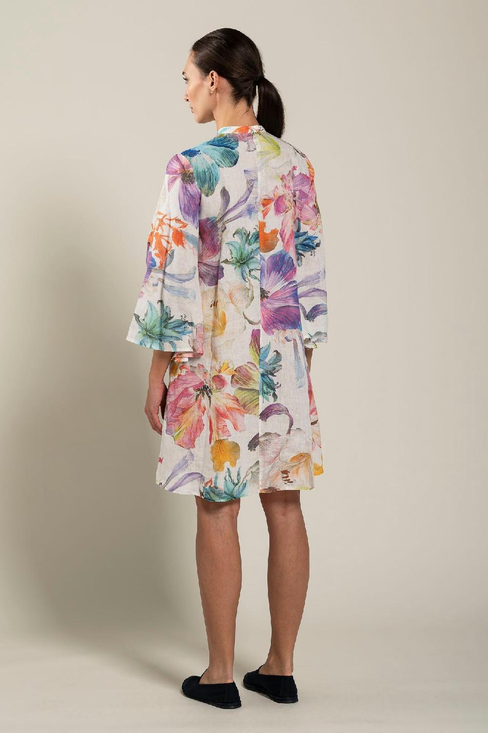 120% Lino Long Sleeve Floral Print Dress Saldi Di Fabbrica