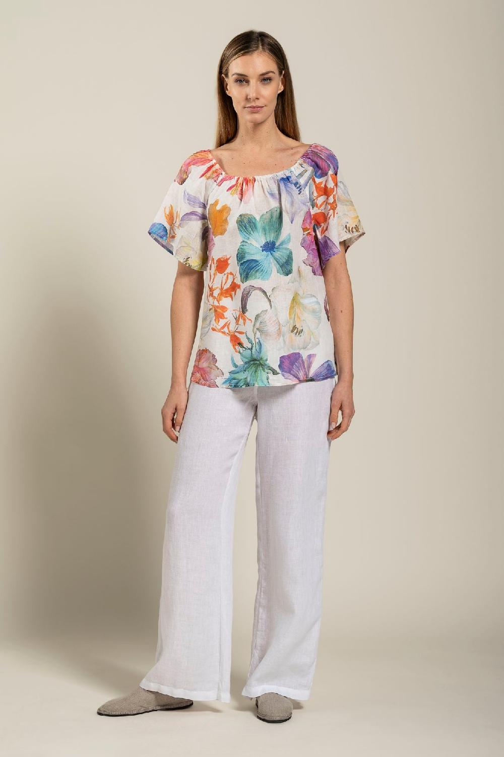 120% Lino Floral Print Women Blouse Vendite Flash