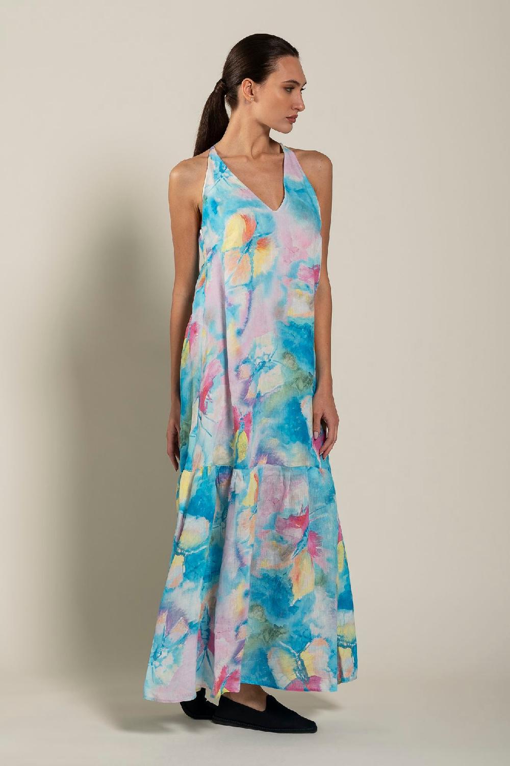 120% Lino Maxi Butterfly Print Dress 2025