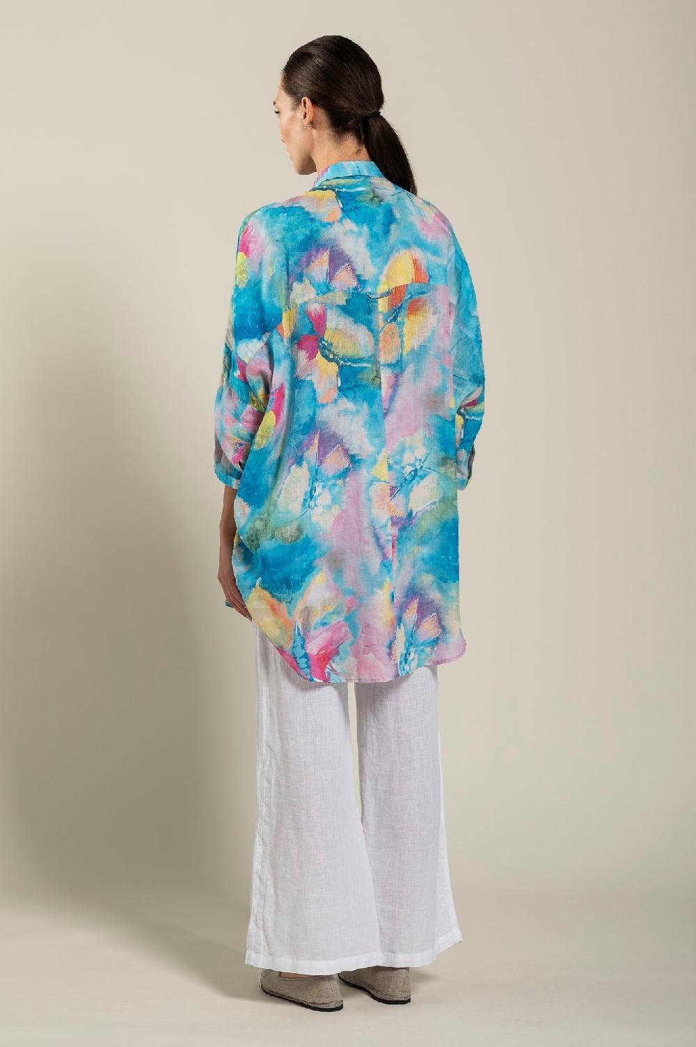120% Lino Long Sleeve Woman Butterfly Print Shirt In Linea