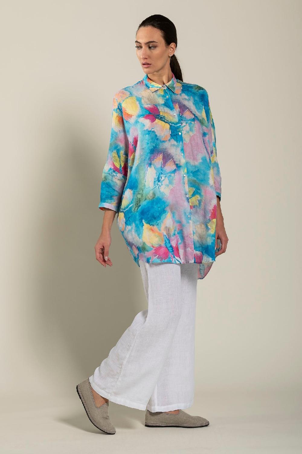 120% Lino Long Sleeve Woman Butterfly Print Shirt In Linea