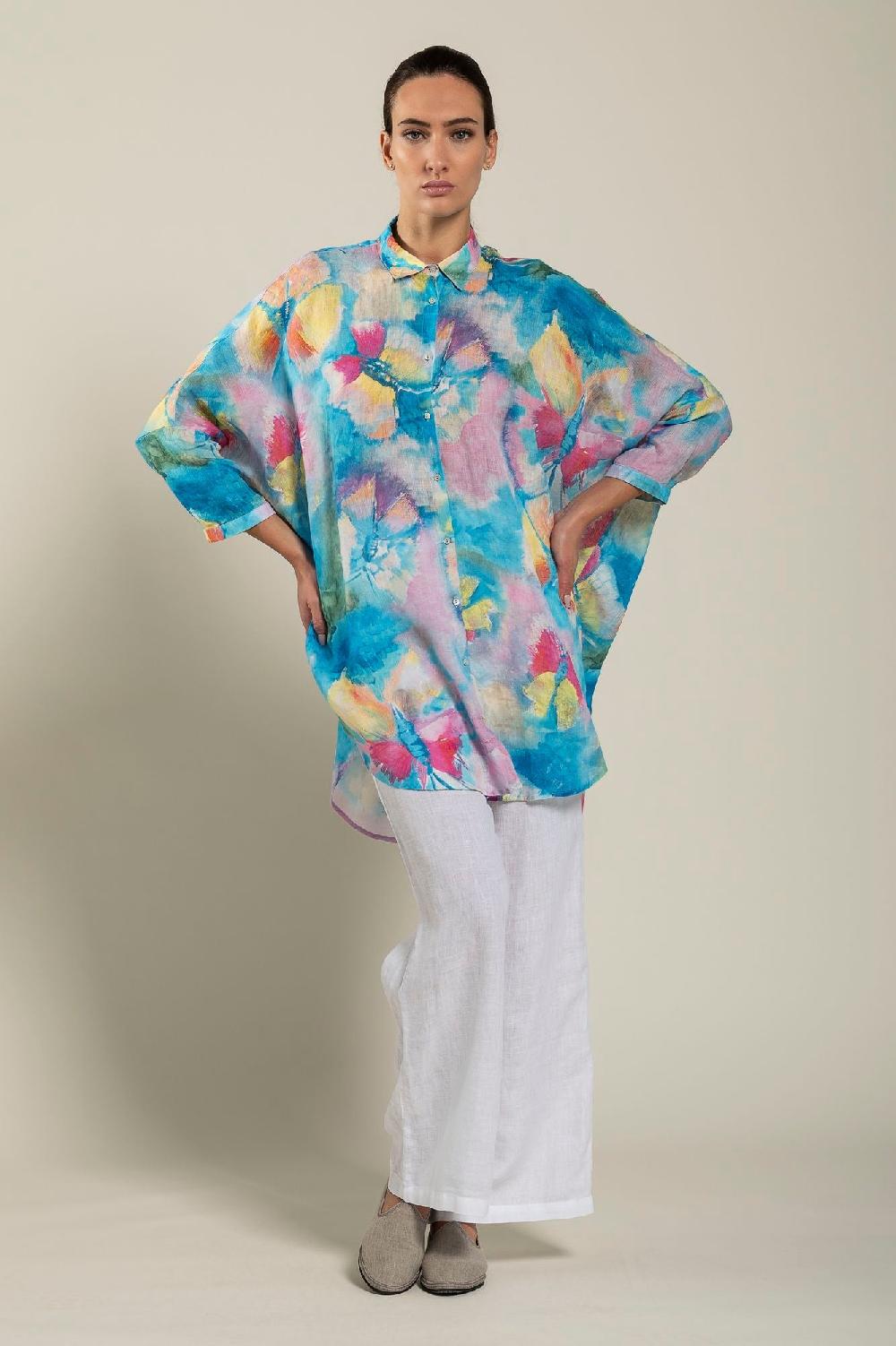 120% Lino Long Sleeve Woman Butterfly Print Shirt In Linea