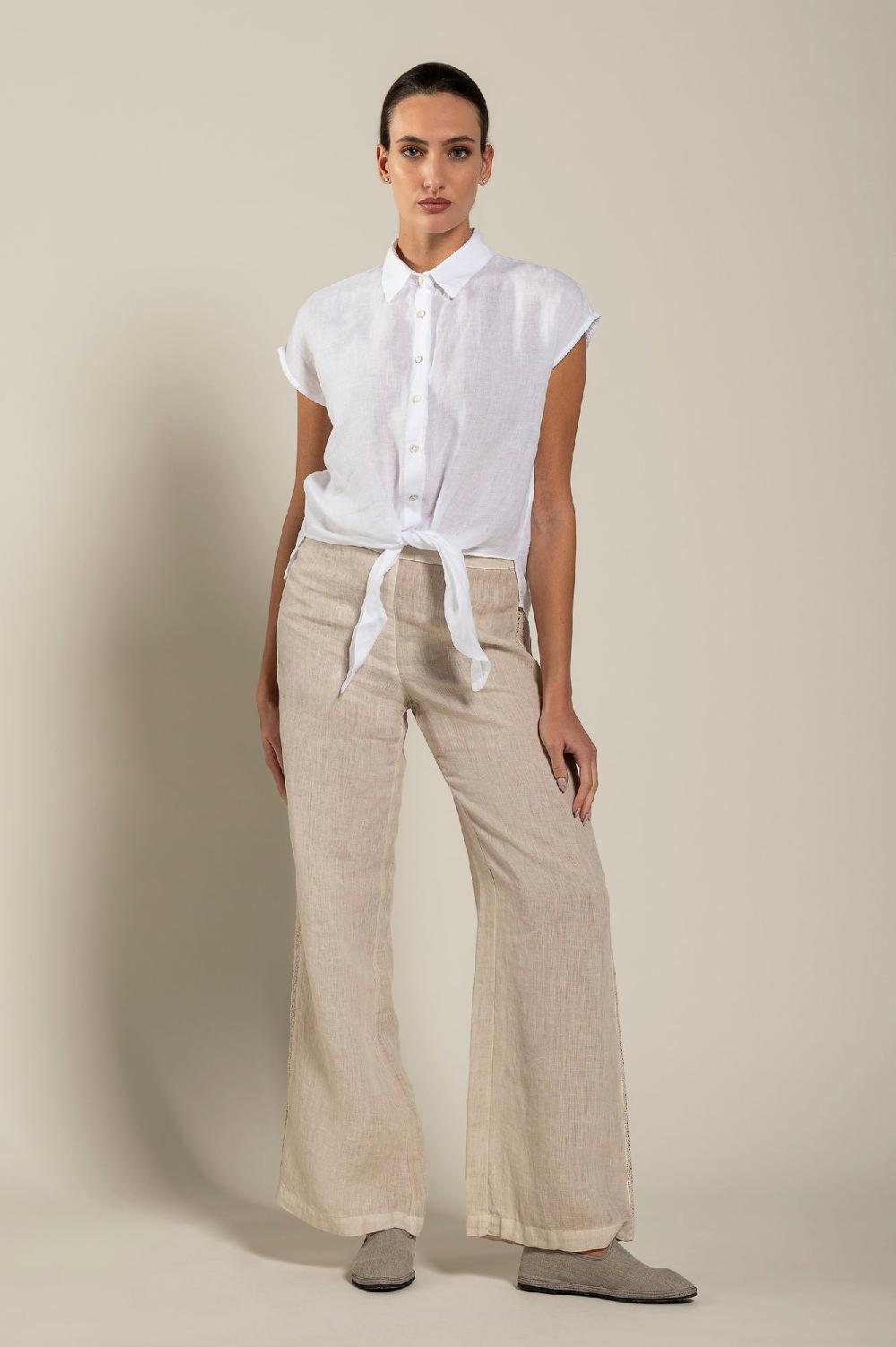 120% Lino Short-Sleeve Linen Shirt with Front Tie Qualità