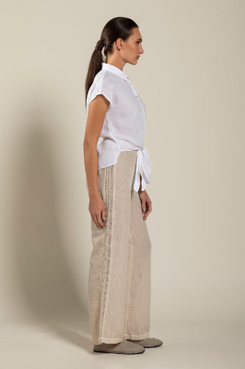 120% Lino Short-Sleeve Linen Shirt with Front Tie Qualità