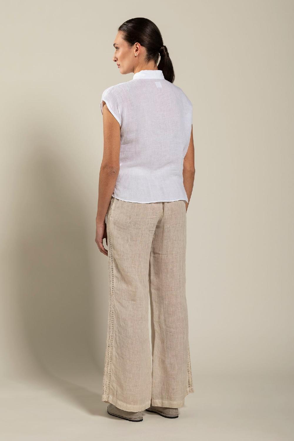 120% Lino Short-Sleeve Linen Shirt with Front Tie Qualità