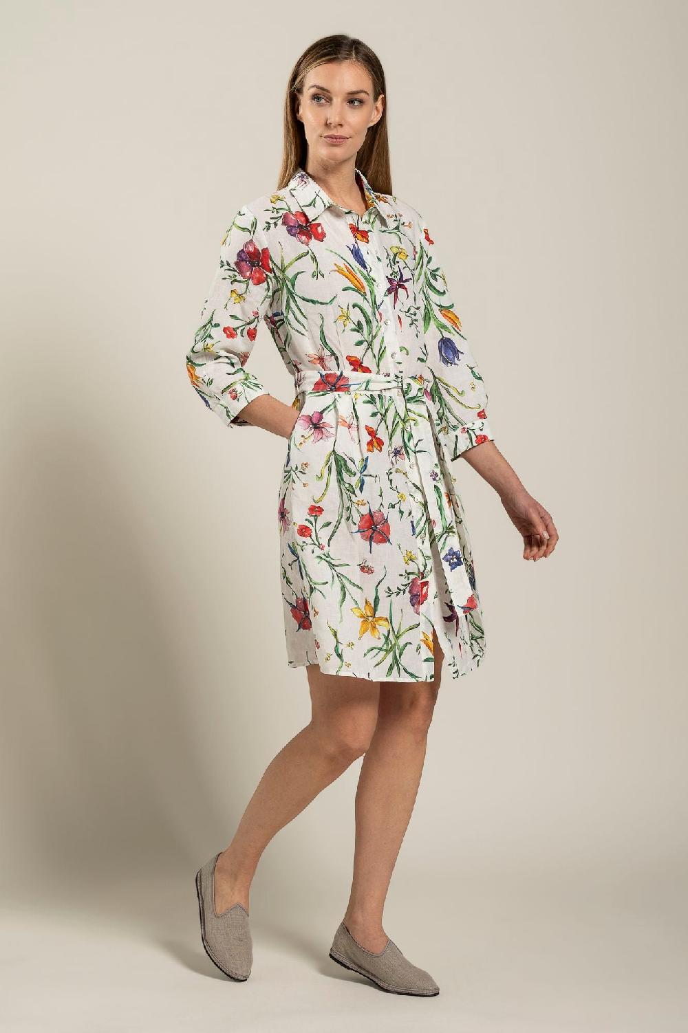 120% Lino Woman Provance Print Dress With Belt Acquista Ora