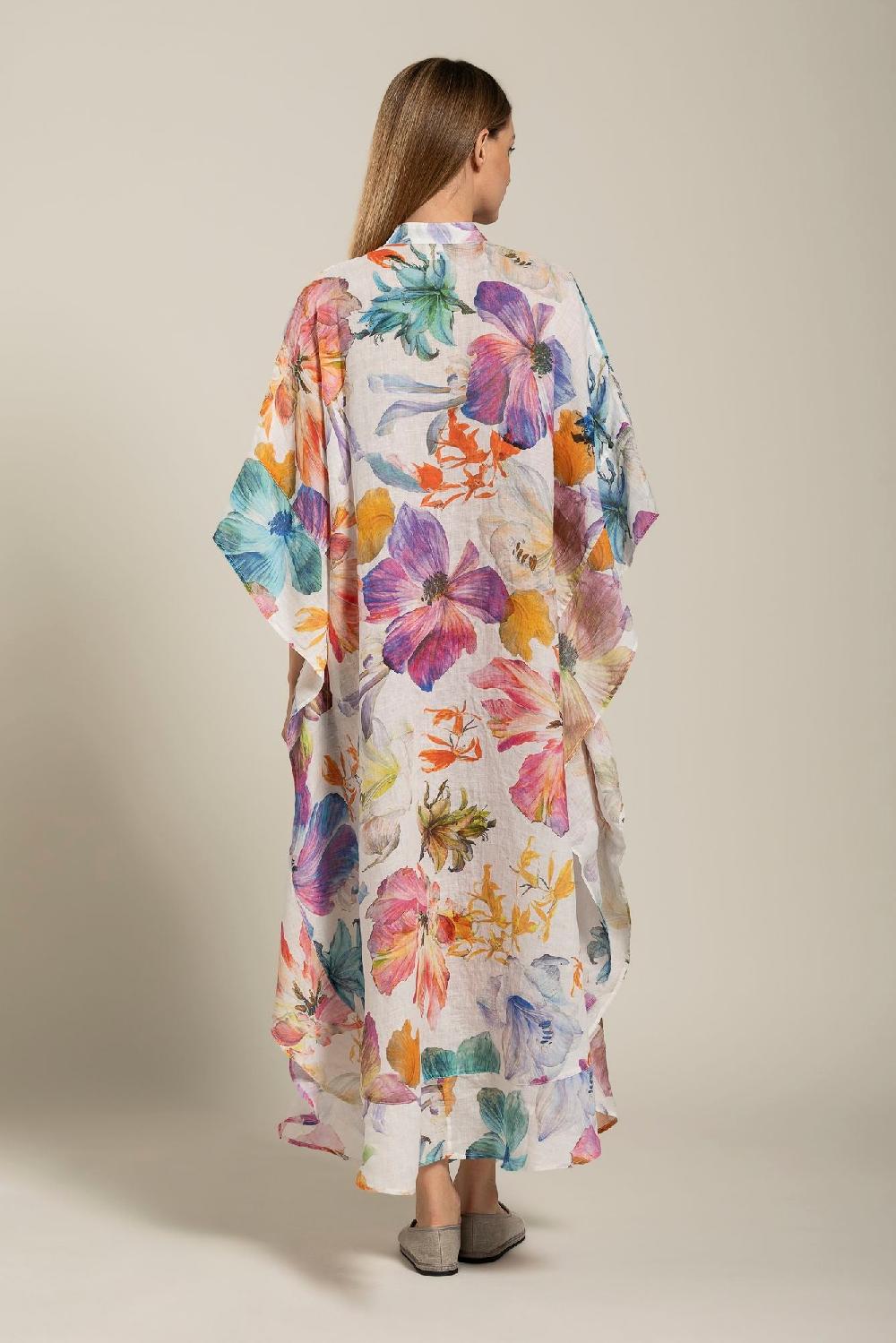 120% Lino Floral Print Kaftano Consegna Veloce