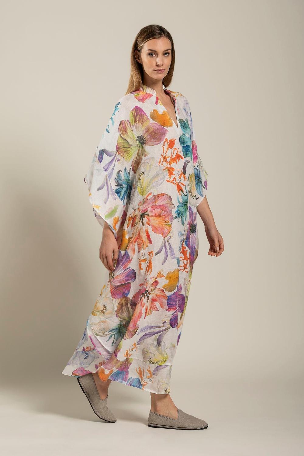 120% Lino Floral Print Kaftano Consegna Veloce