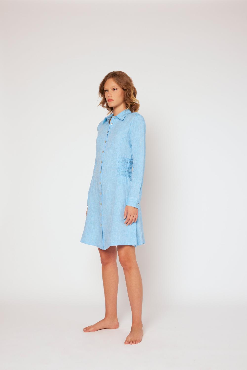 120% Lino Shirt Dress with Elasticized Ruched Waist Fino Al -60%