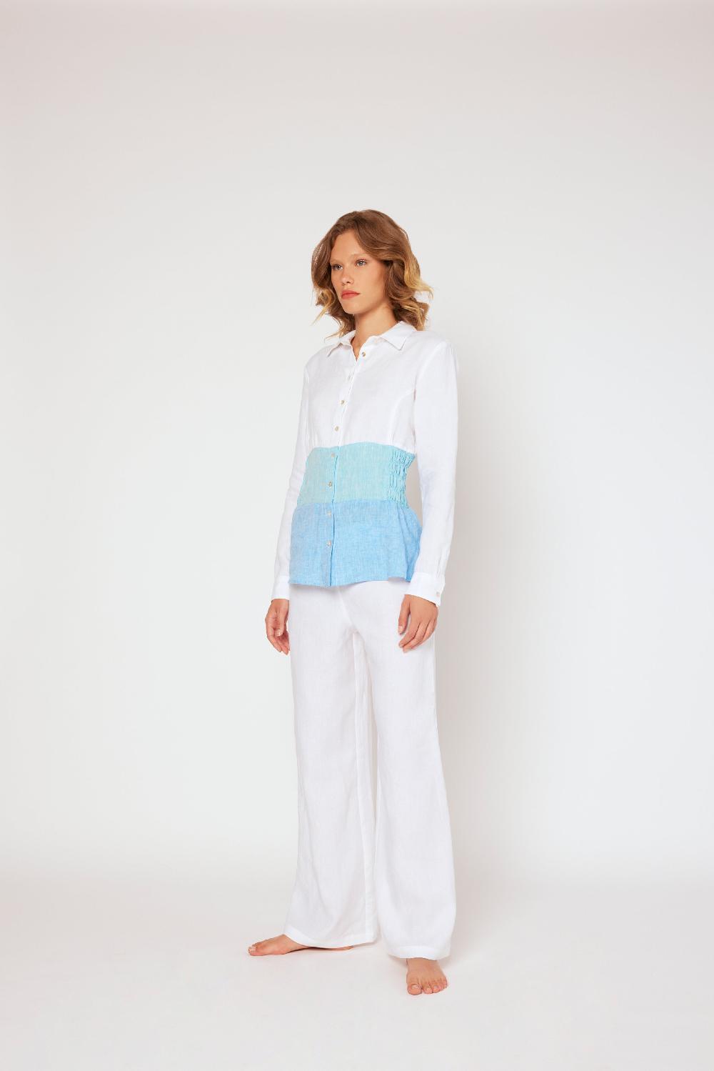 120% Lino Yarn-dyed linen blouse White/Blue Presa