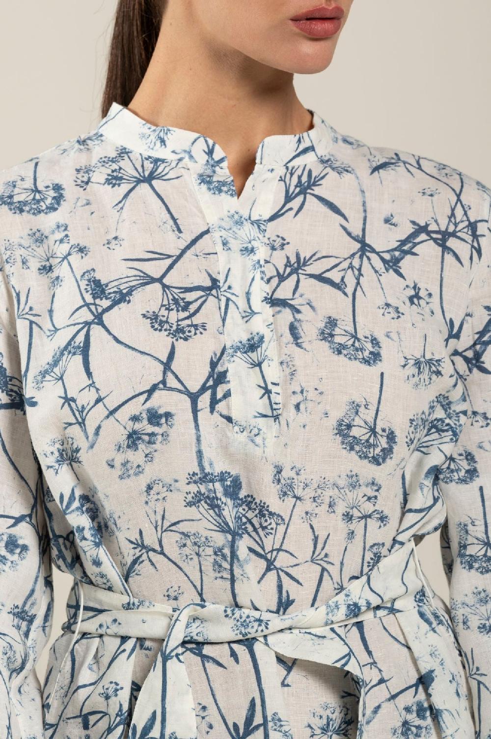 120% Lino Long Sleeve Woman Floral Patterned Dress With Belt Offerte