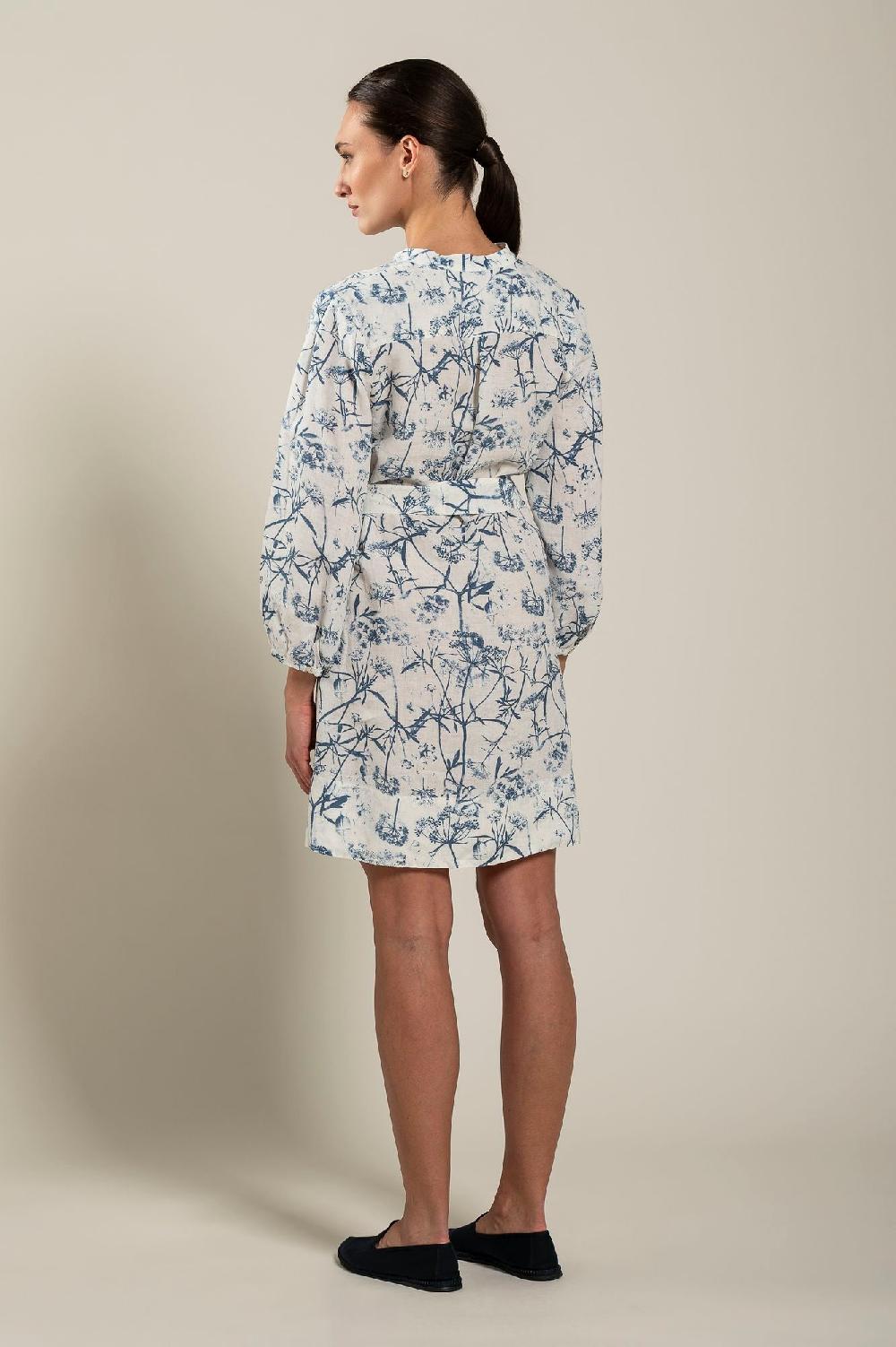 120% Lino Long Sleeve Woman Floral Patterned Dress With Belt Offerte