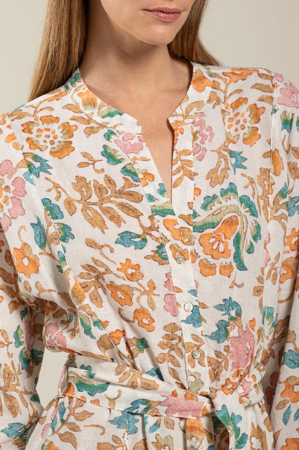 120% Lino Colorful Floral Patterned Dress With Belt Vendita Calda