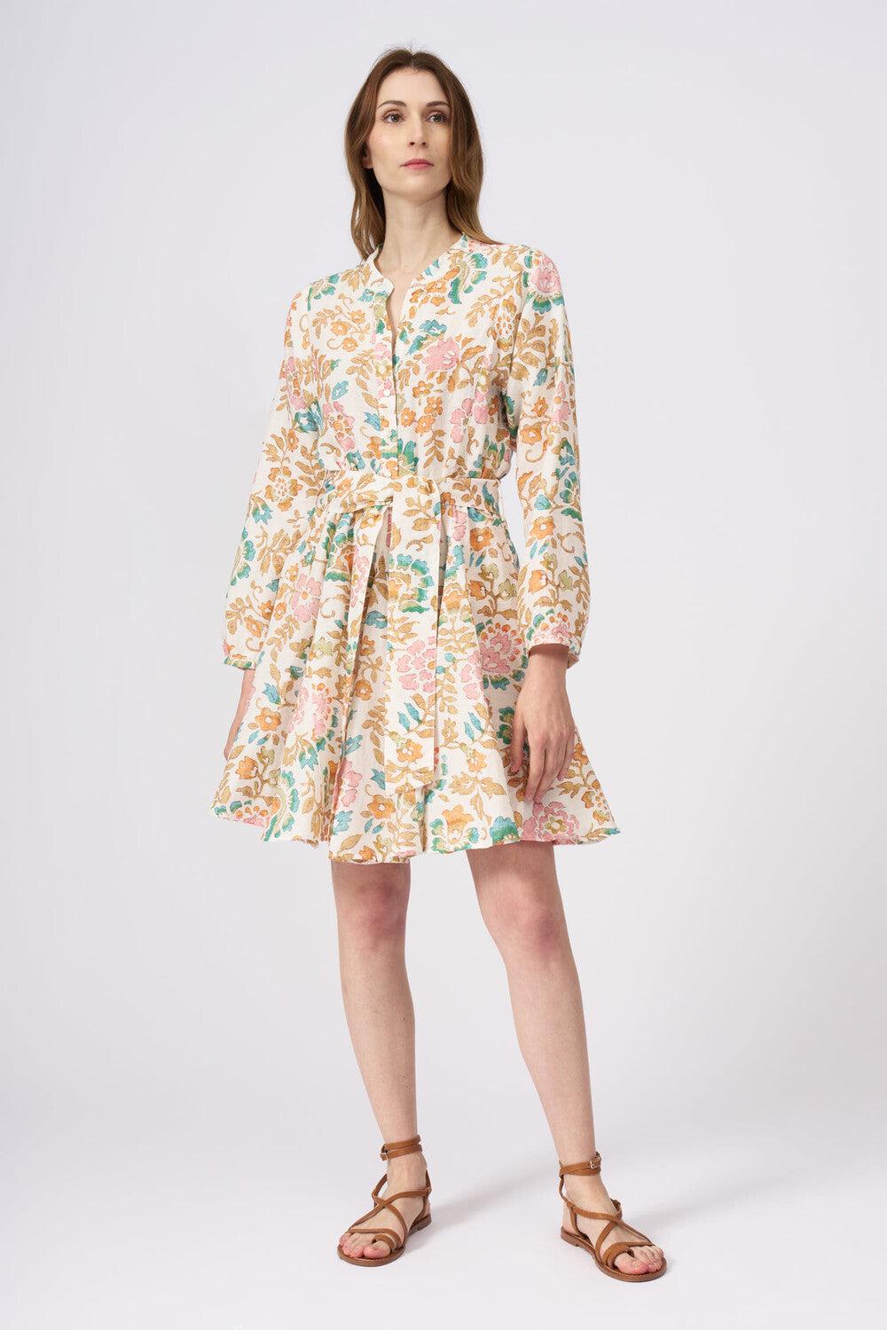 120% Lino Colorful Floral Patterned Dress With Belt Vendita Calda