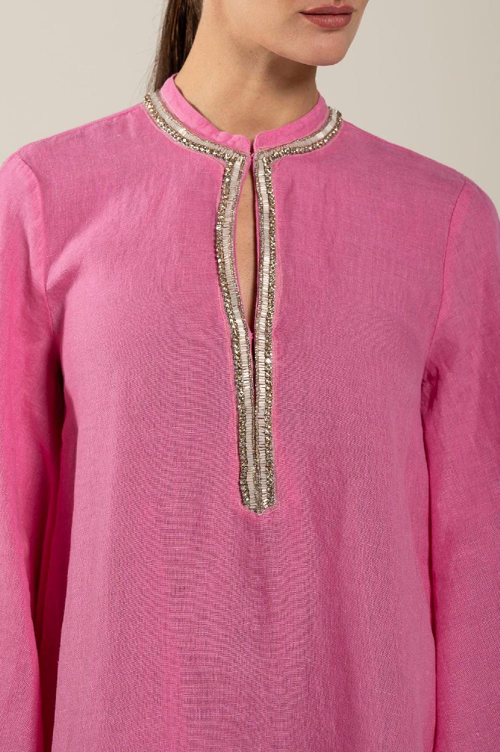 120% Lino Dress With Embellishment And Wide Sleeves Saldi Di Fabbrica