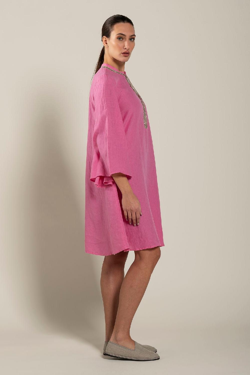 120% Lino Dress With Embellishment And Wide Sleeves Saldi Di Fabbrica