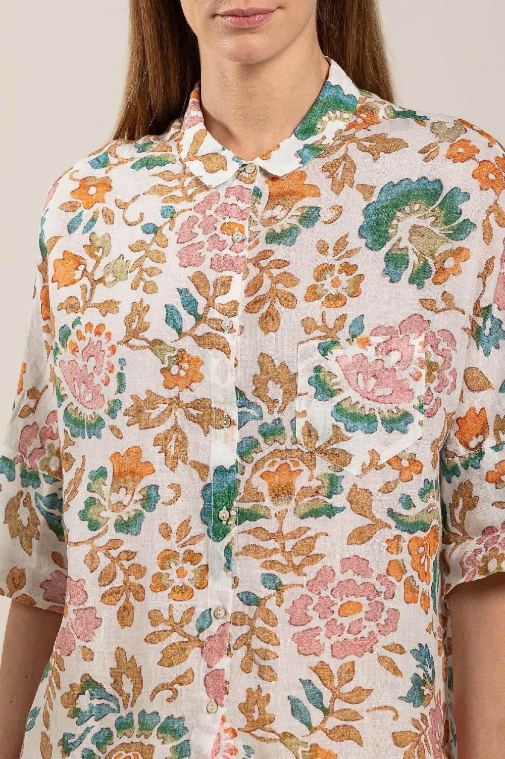 120% Lino Short Sleeve Woman Floral Pattern Shirt Moda