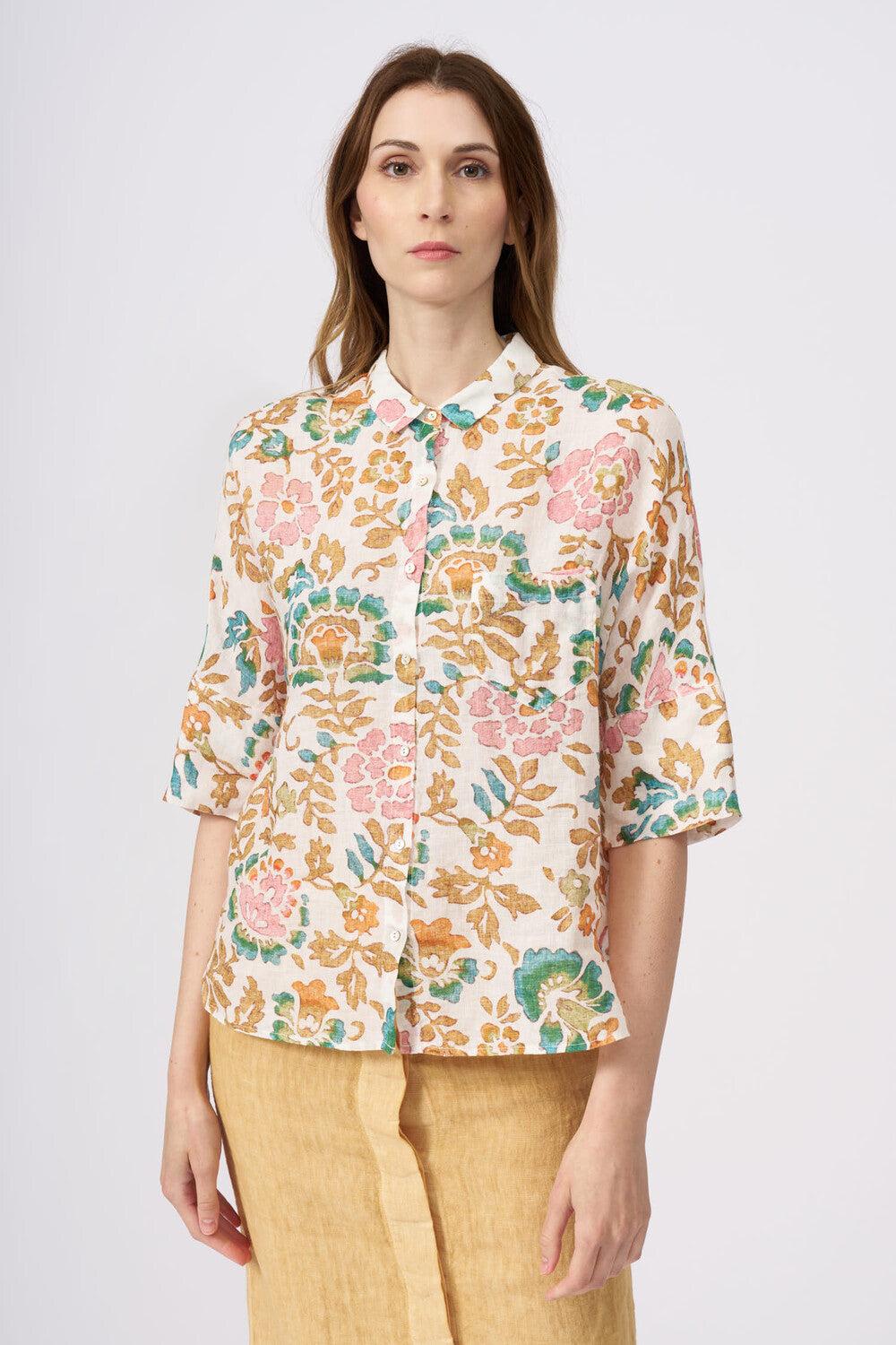 120% Lino Short Sleeve Woman Floral Pattern Shirt Moda