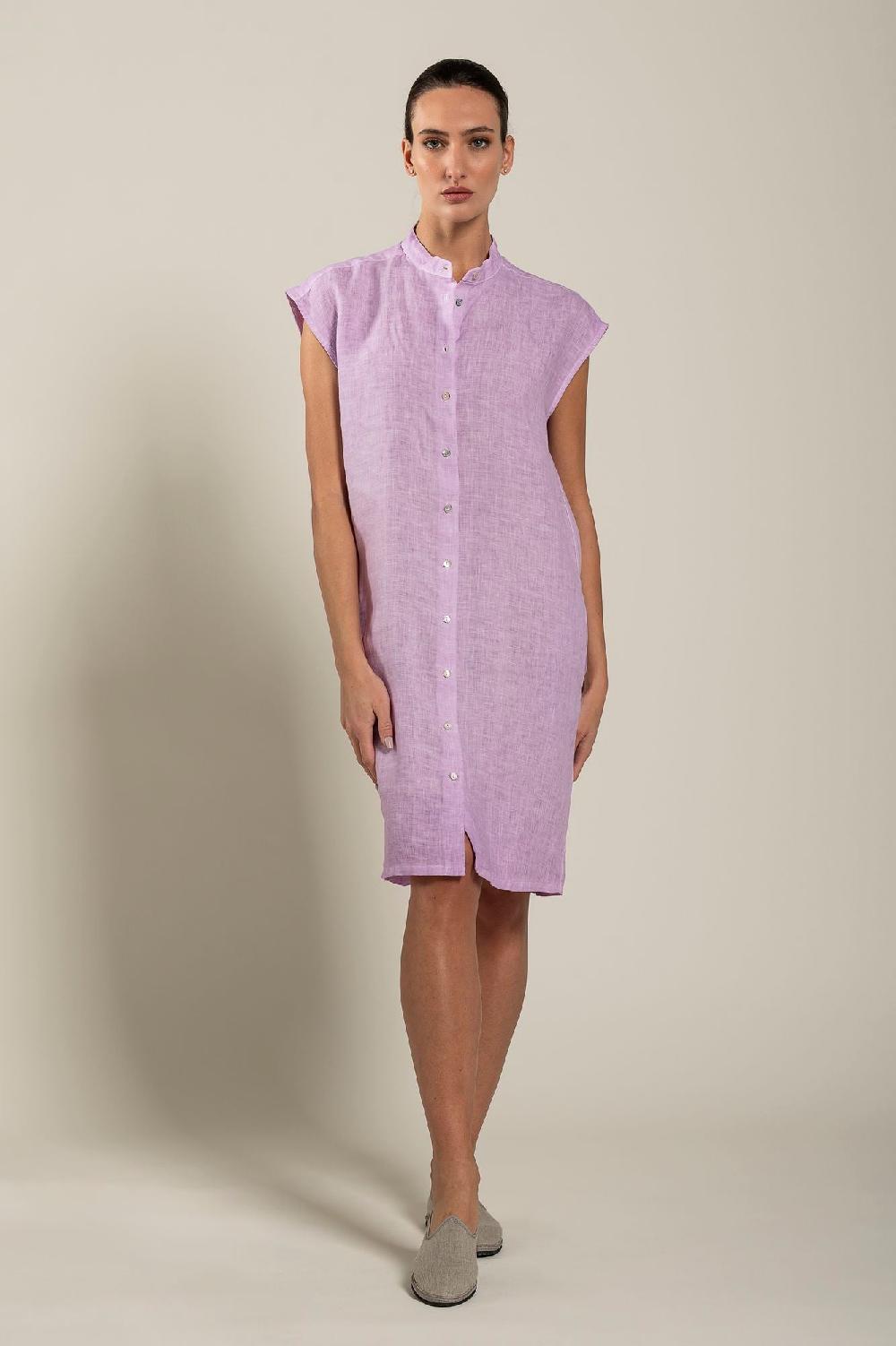 120% Lino Mandarin Collar Dress In Linea