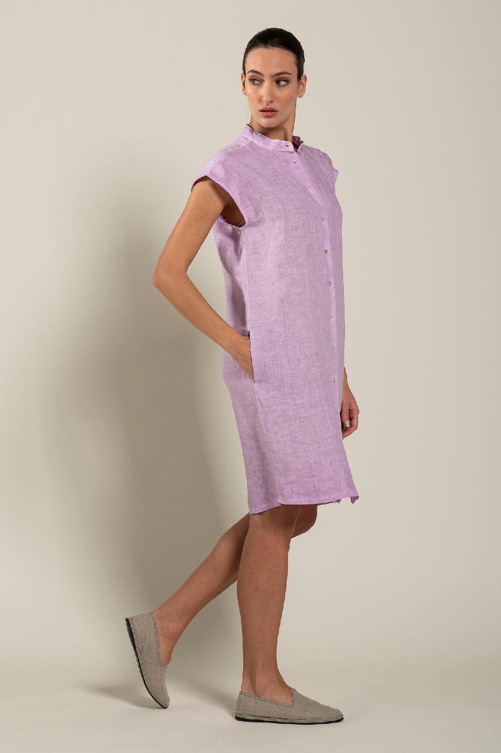 120% Lino Mandarin Collar Dress In Linea