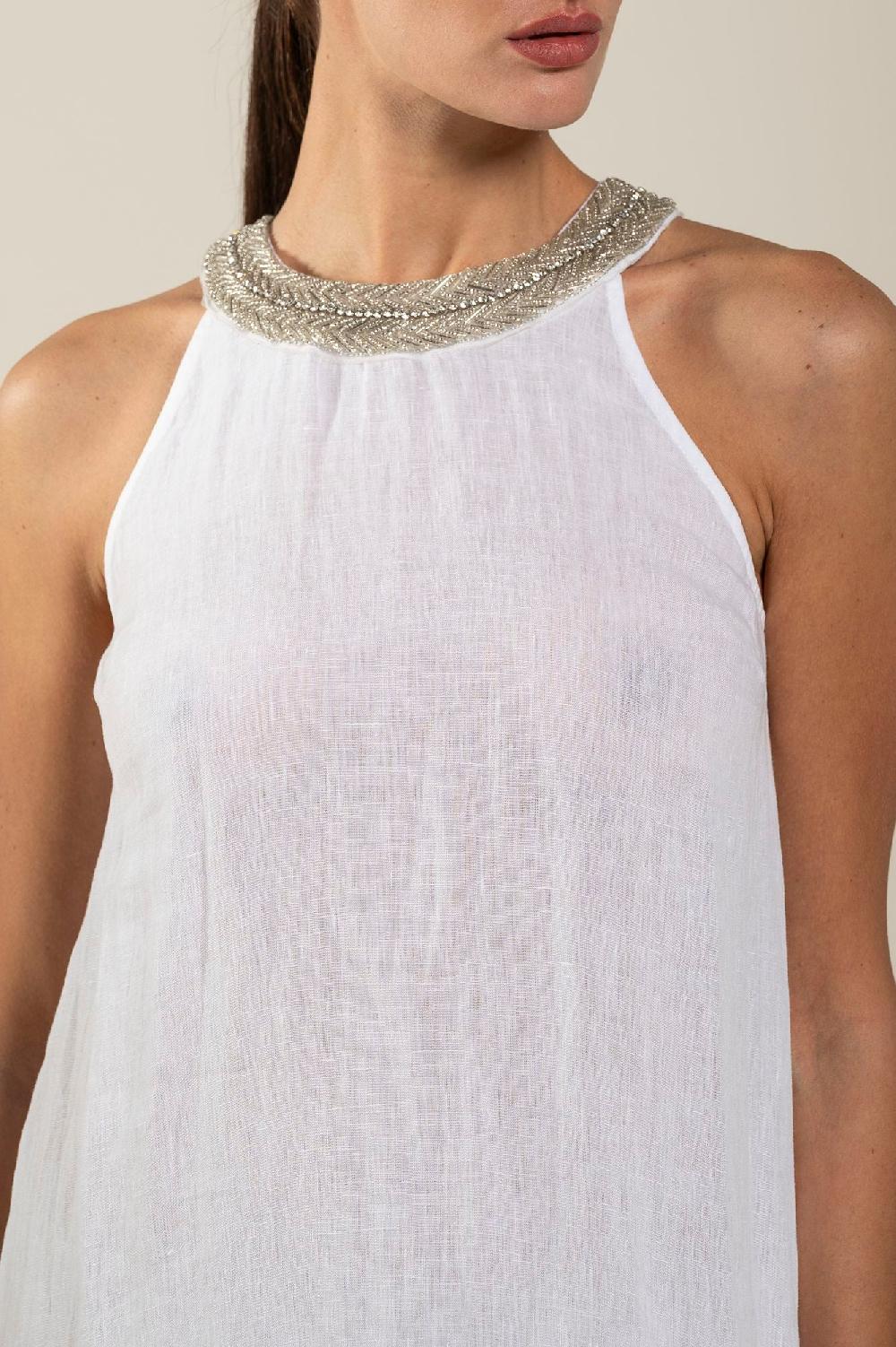 120% Lino Woman Crew Neck Of Paillettes Dress Nuovo