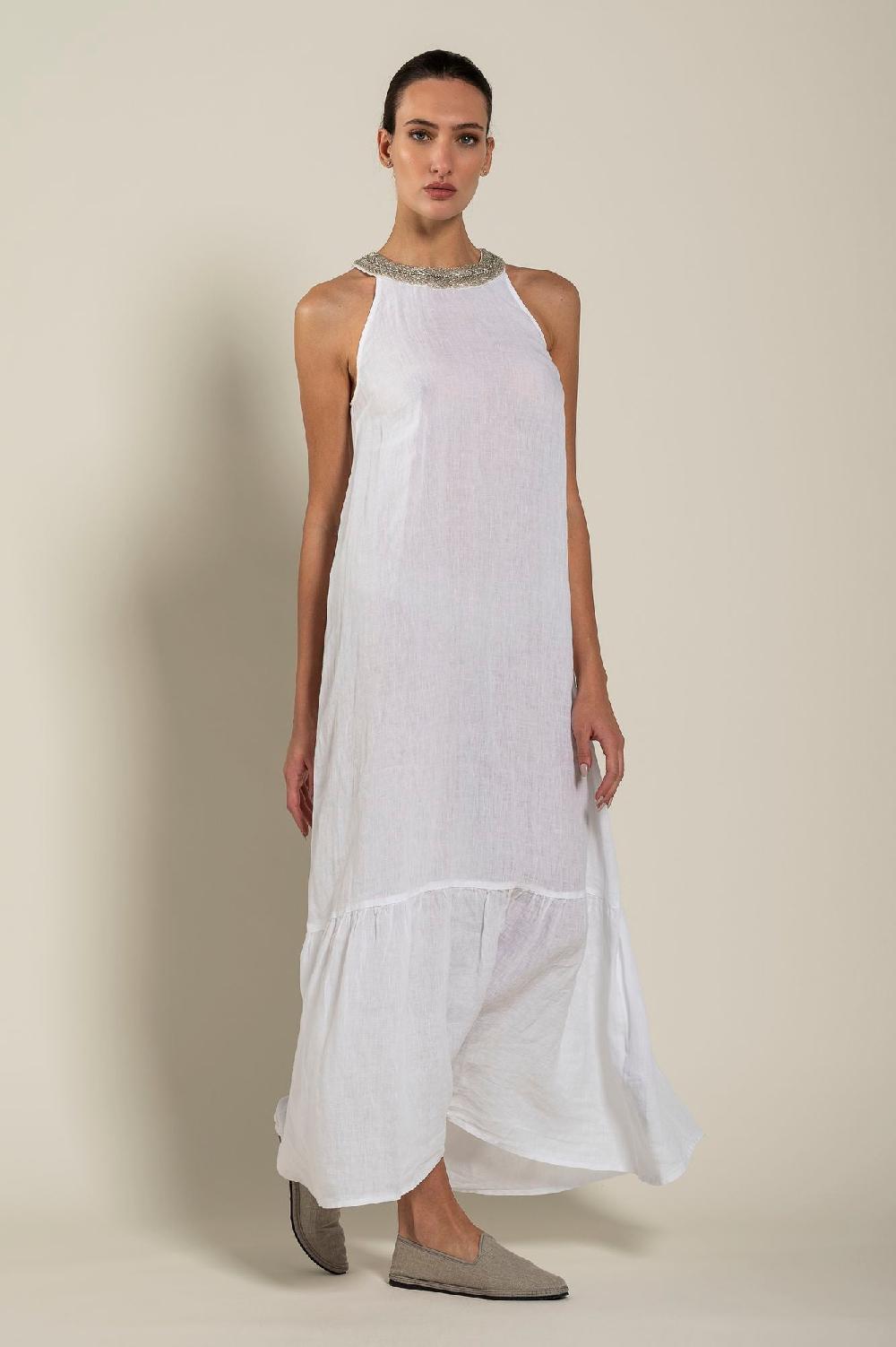 120% Lino Woman Crew Neck Of Paillettes Dress Nuovo