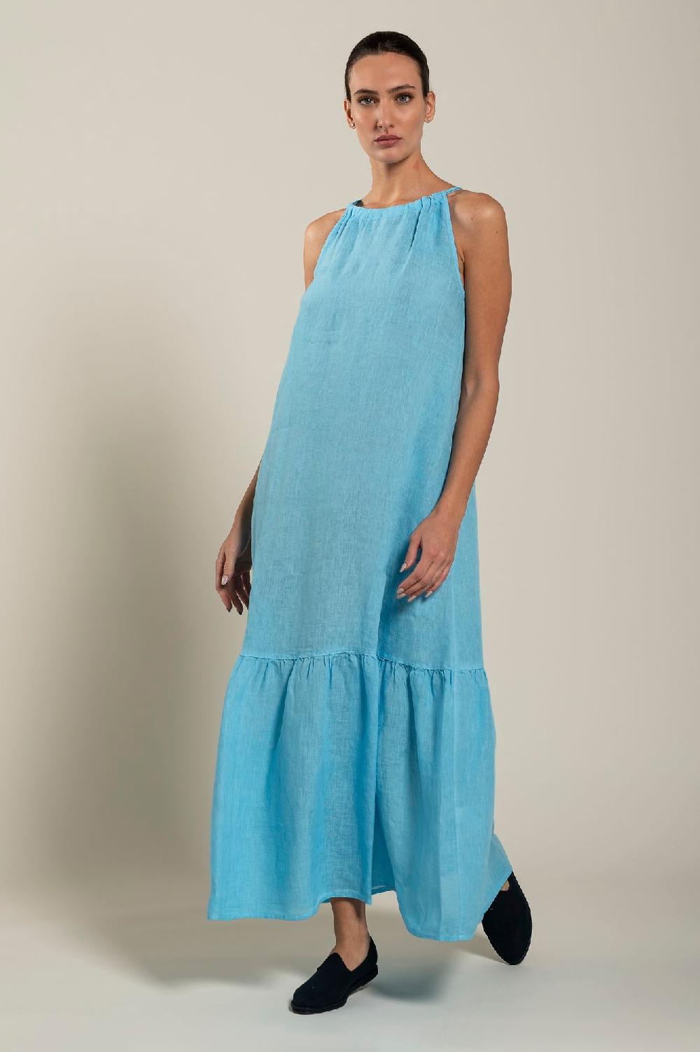 120% Lino Woman Crew Neck Maxi Dress Promozione