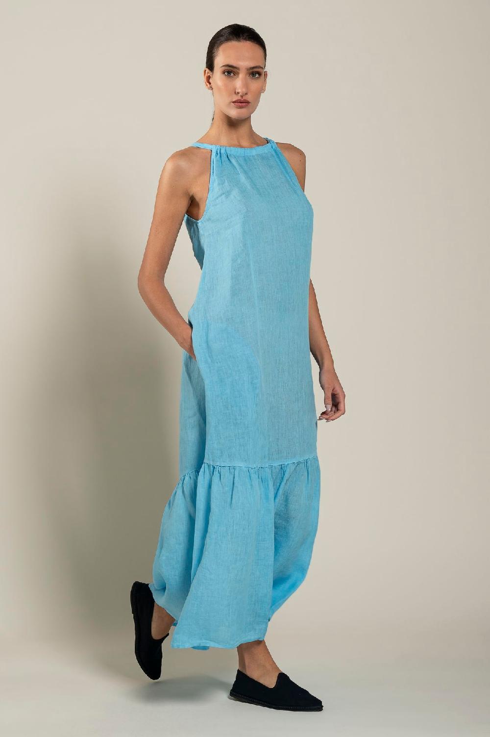 120% Lino Woman Crew Neck Maxi Dress Promozione