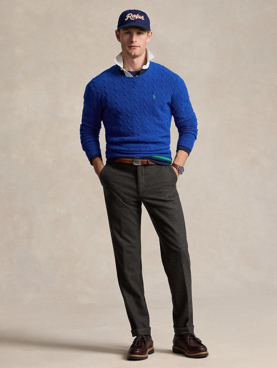 RALPH LAUREN Maglia in Lana e Cashmere a Trecce Blu Saldi Di Fabbrica
