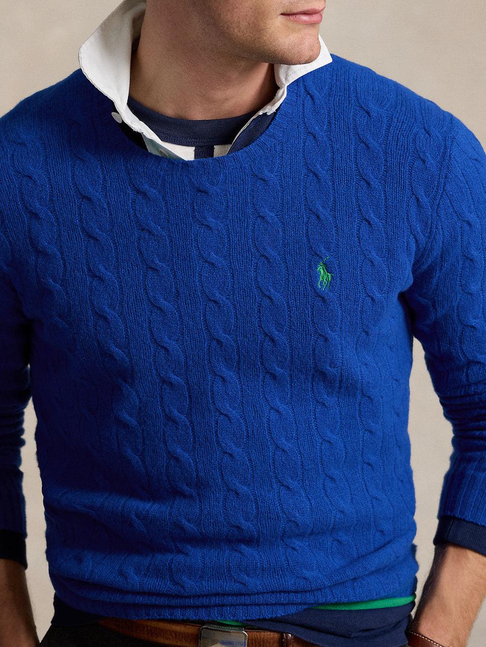 RALPH LAUREN Maglia in Lana e Cashmere a Trecce Blu Saldi Di Fabbrica