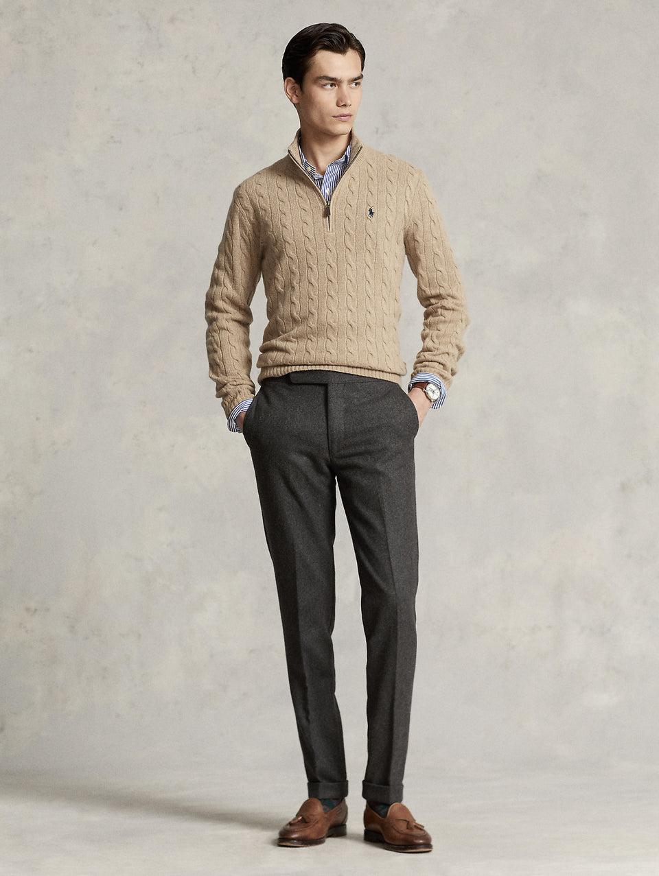 RALPH LAUREN Maglia Mezza Zip a Trecce Cammello In Saldo