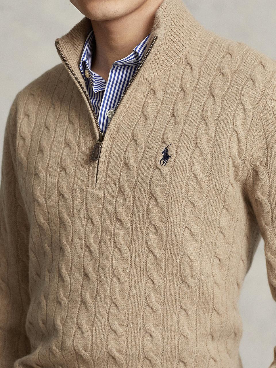 RALPH LAUREN Maglia Mezza Zip a Trecce Cammello In Saldo
