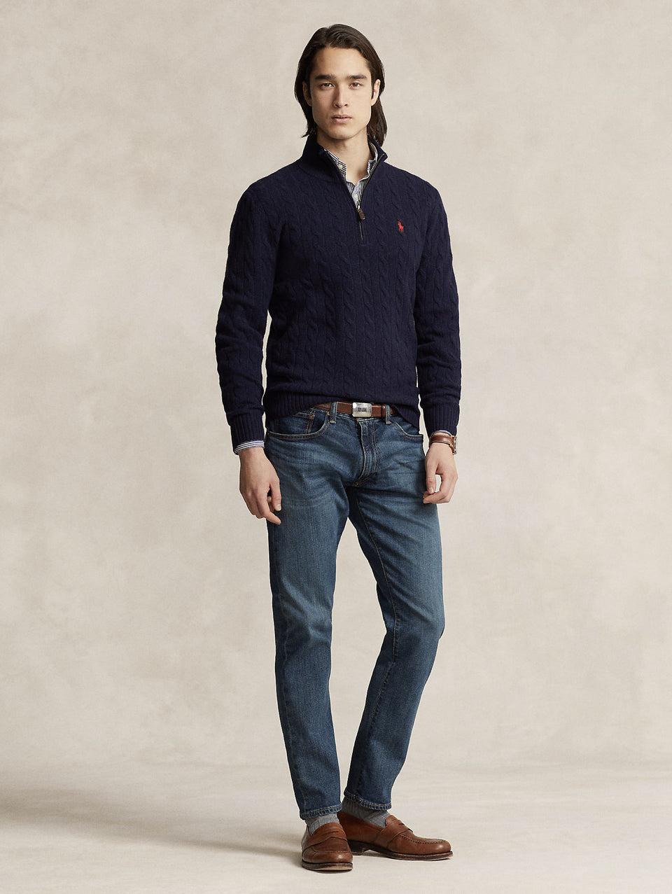 RALPH LAUREN Maglia Mezza Zip a Trecce Blu Italia