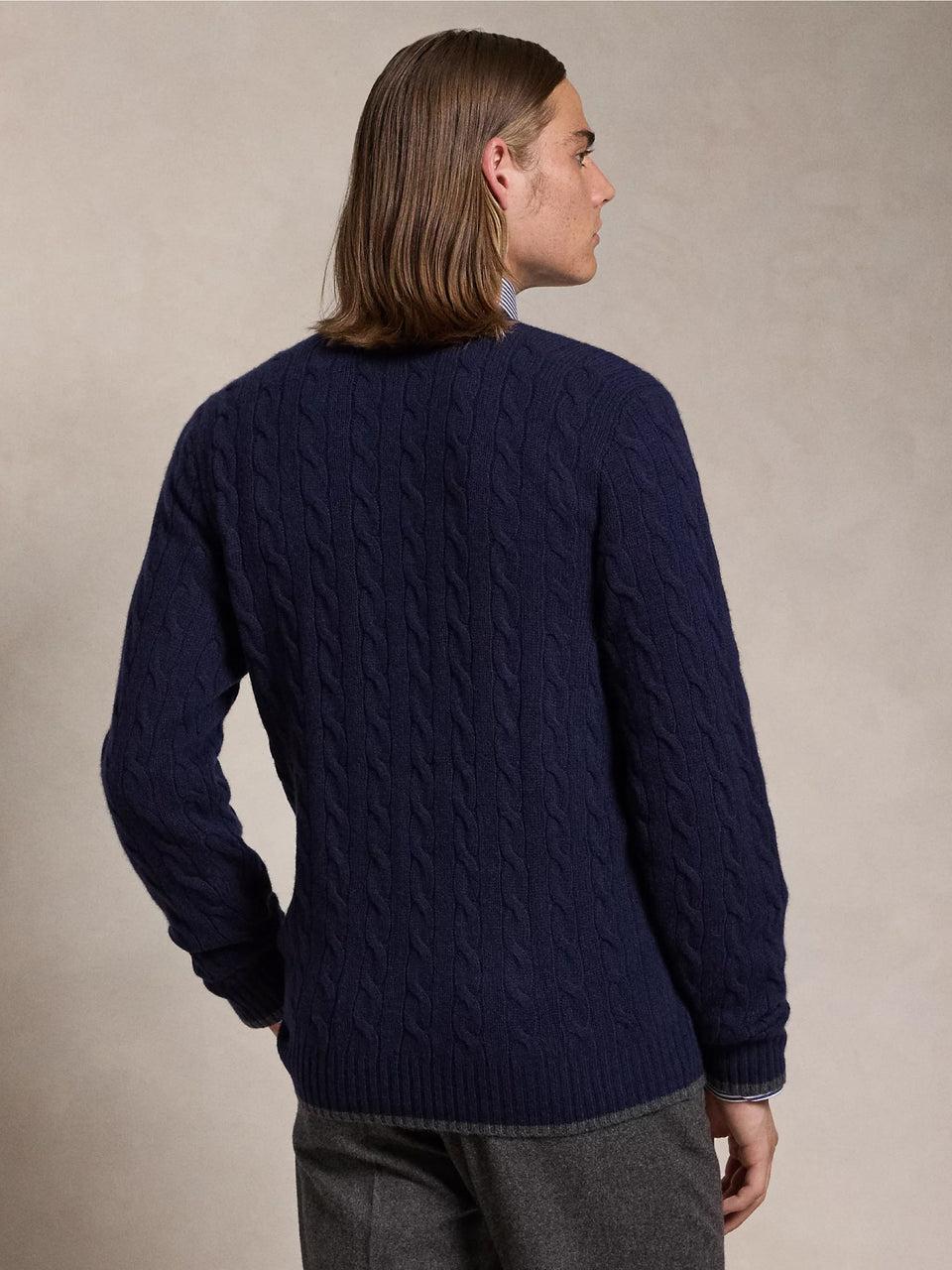 RALPH LAUREN Cardigan in Lana e Cashmere a Trecce Blu Qualità
