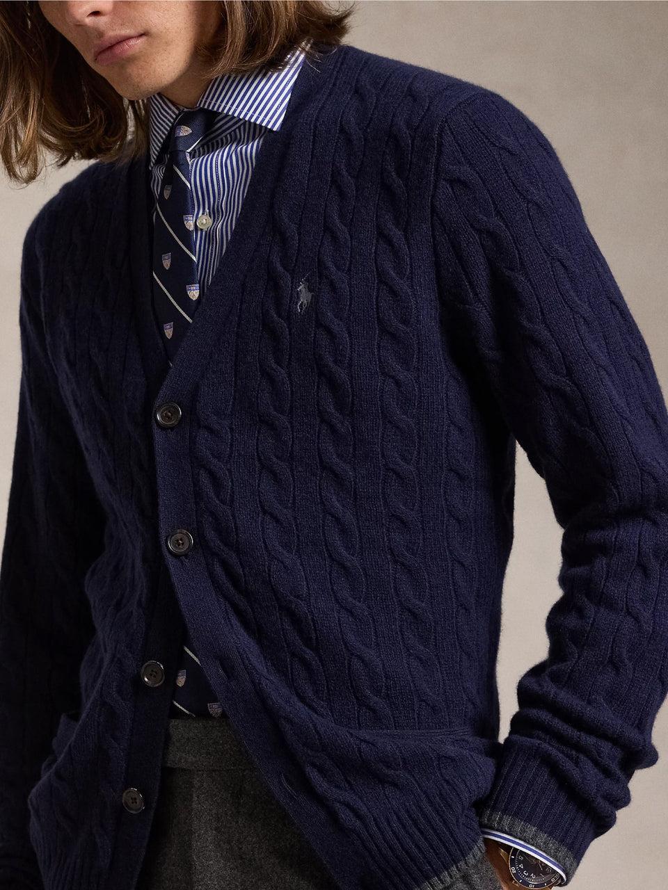 RALPH LAUREN Cardigan in Lana e Cashmere a Trecce Blu Qualità