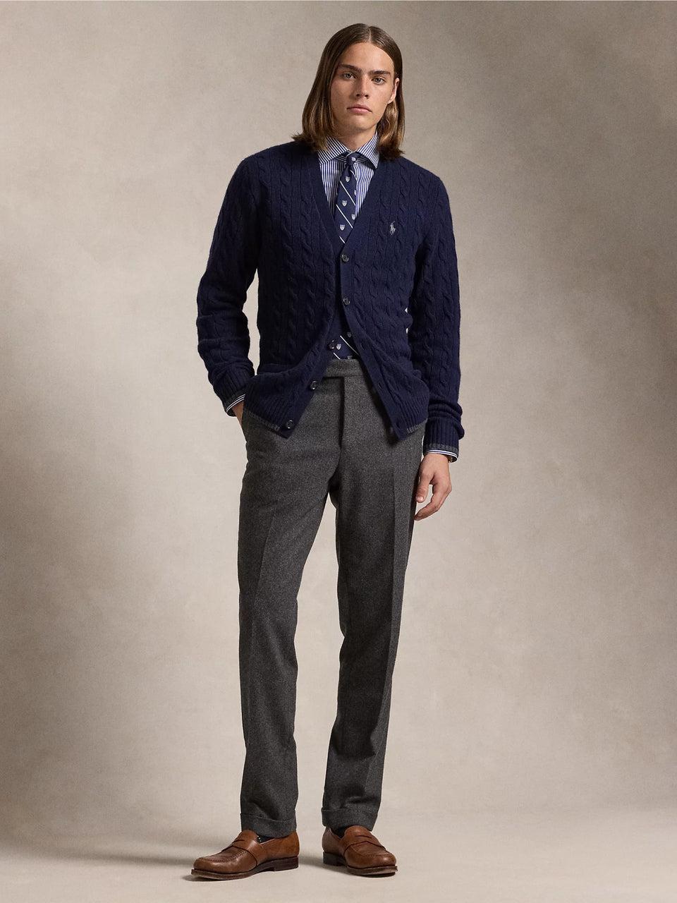 RALPH LAUREN Cardigan in Lana e Cashmere a Trecce Blu Qualità