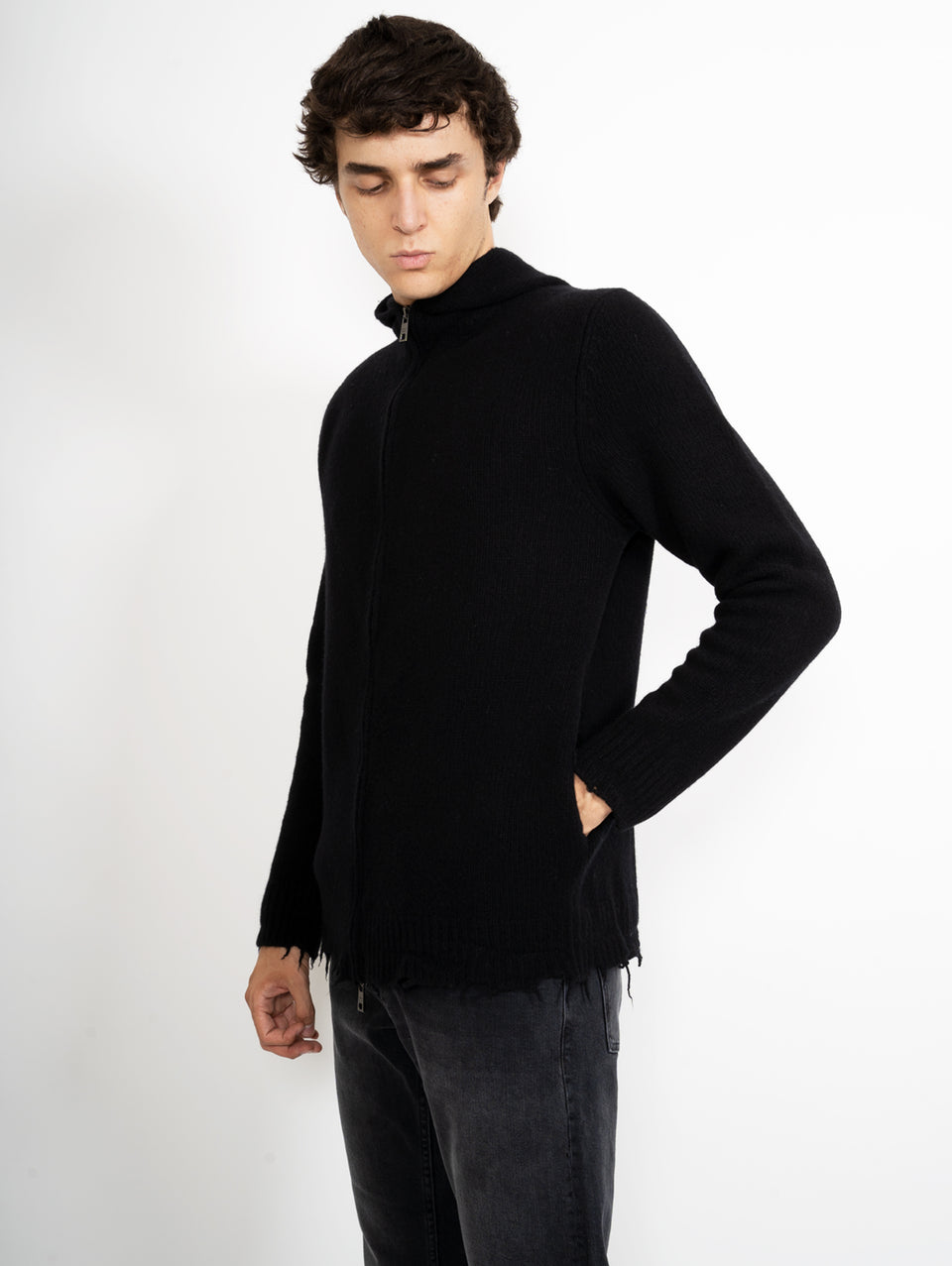 GIORGIO BRATO Cardigan in Maglia con Cappuccio Nero Prezzo Ridotto