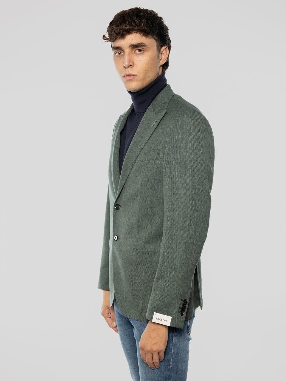 PAOLONI Giacca Sfoderata in Lana Oxford Verde Saldi Di Fabbrica