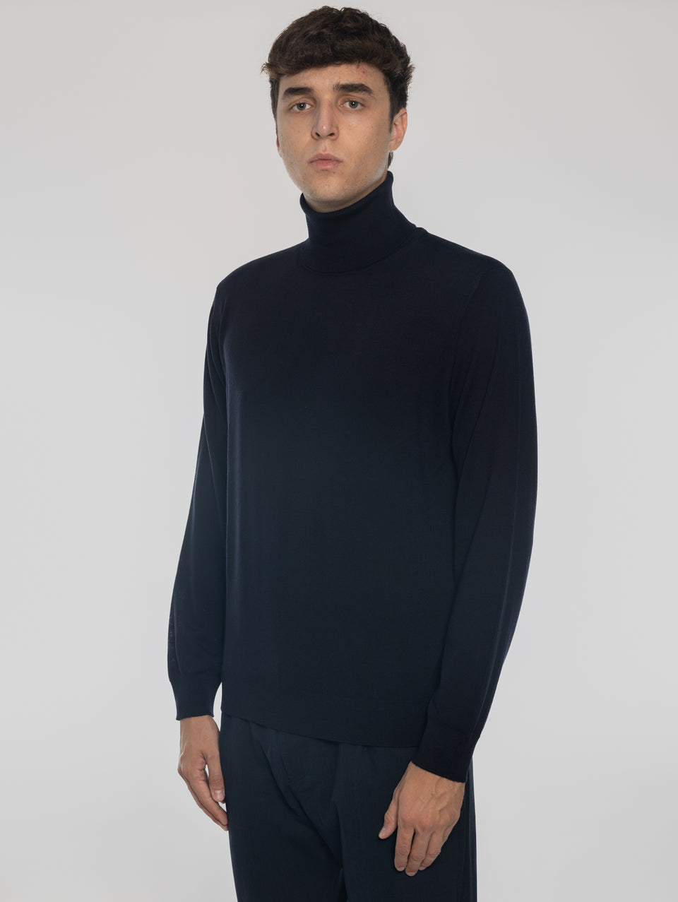 ALPHA STUDIO Maglia Collo Alto in Lana Ultrafine Blu Qualità Garantita