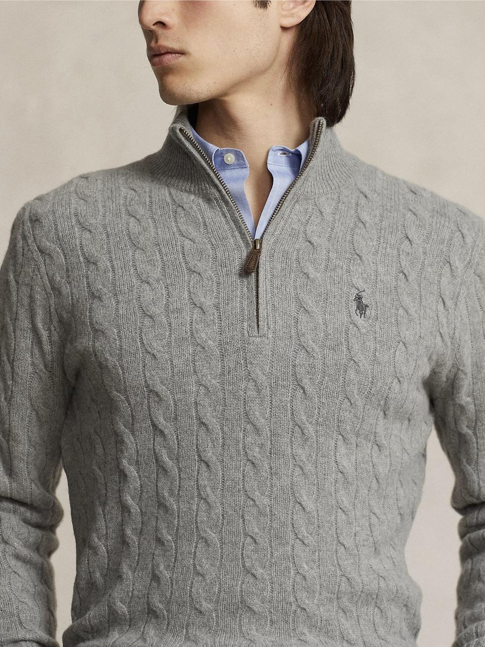 RALPH LAUREN Maglia Mezza Zip a Trecce Grigio Consegna Veloce