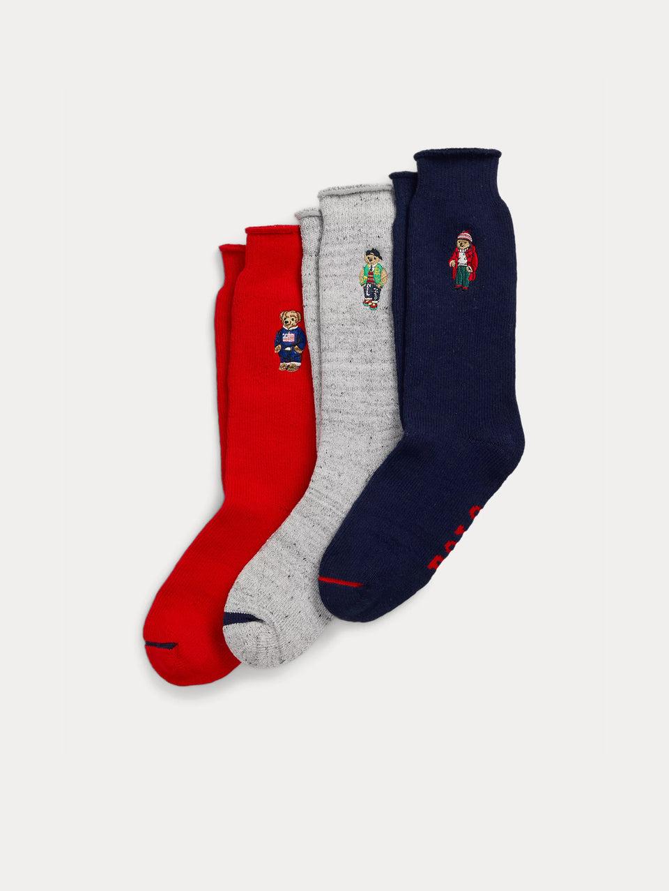 RALPH LAUREN Cofanetto Calze con Ricamo Polo Bear Grigio/Blu/Rosso Vendita calda