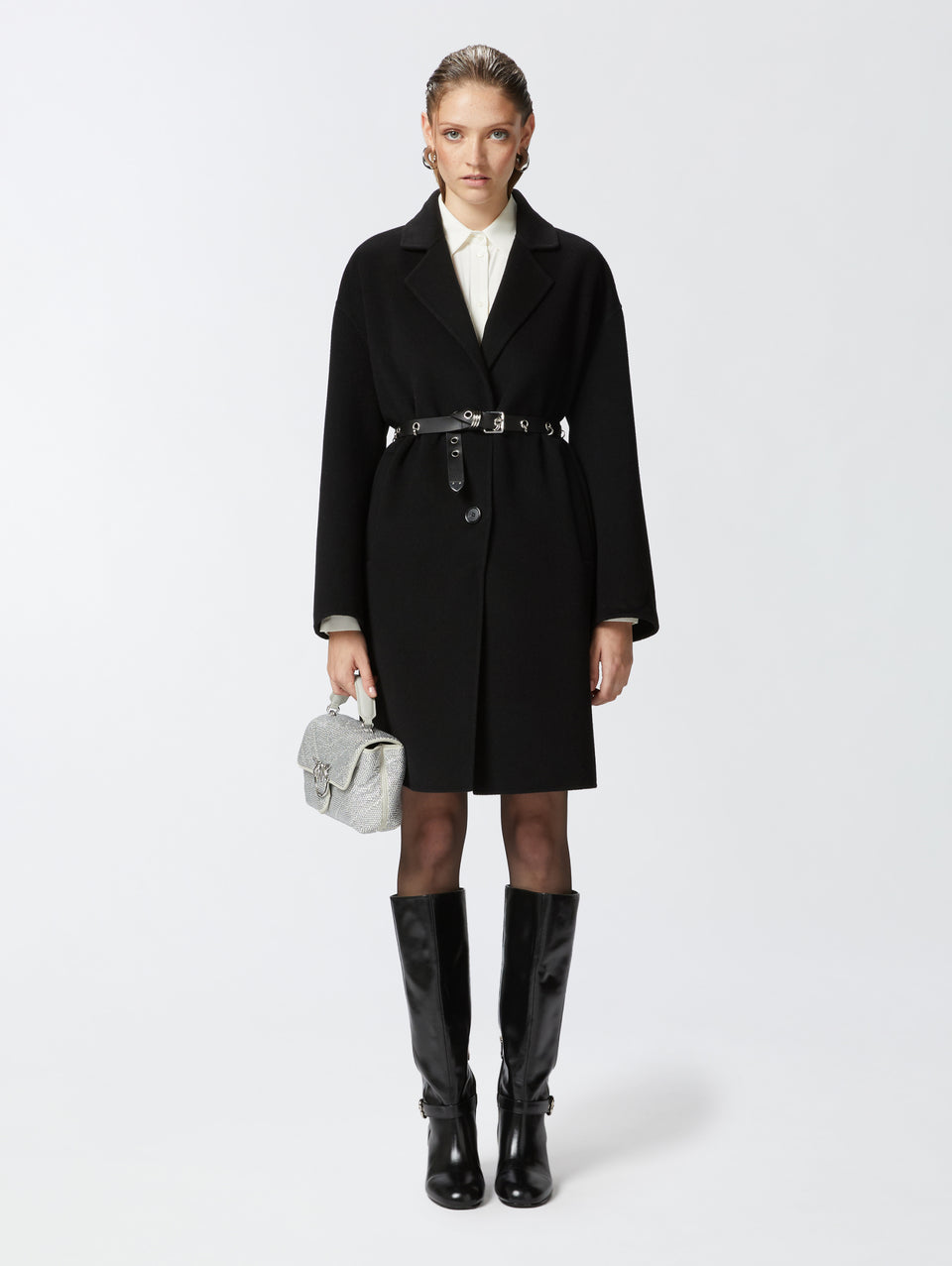 PINKO Cappotto Monopetto in Double di Lana Nero Enormi risparmi