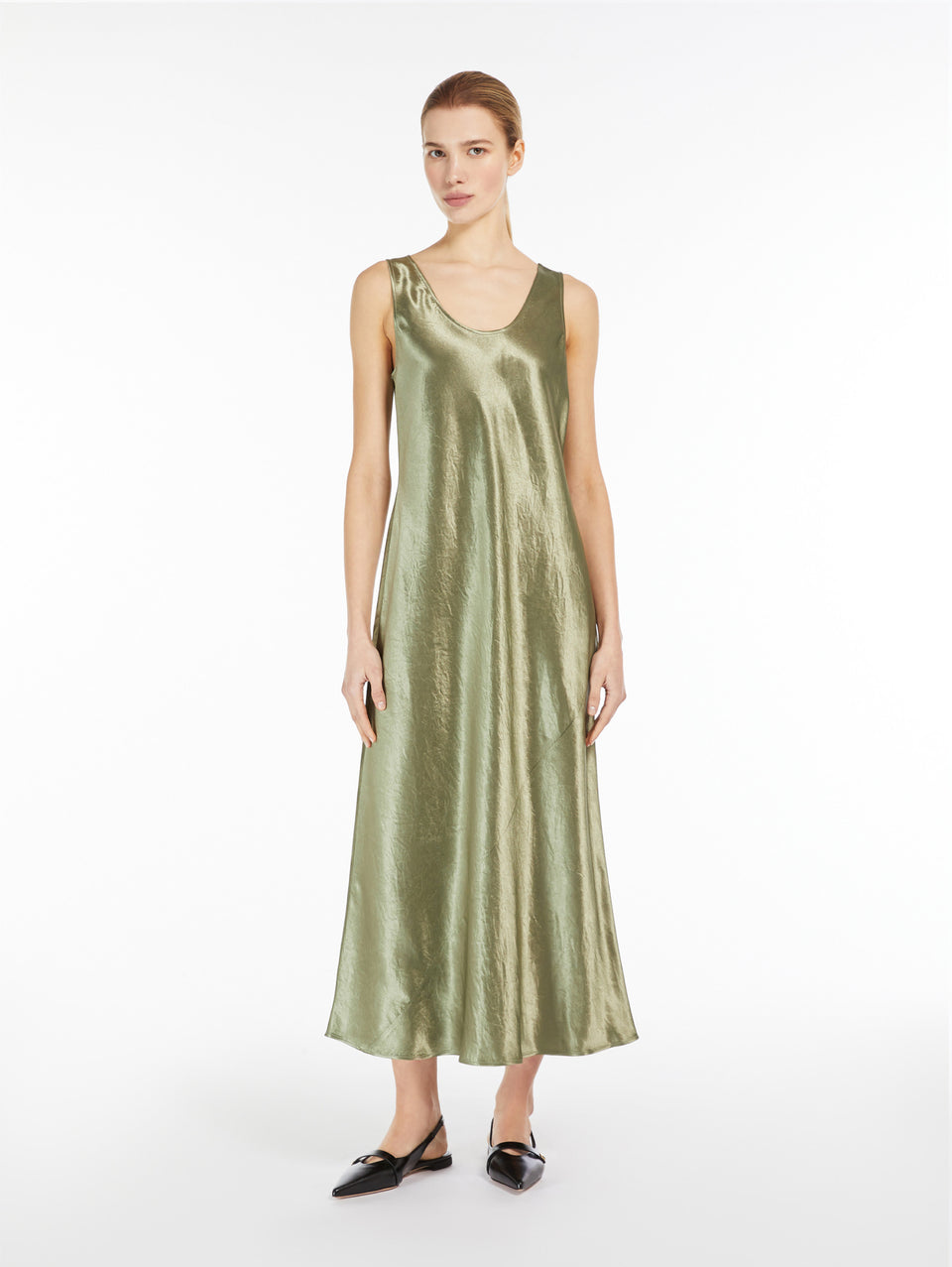 MAX MARA LEISURE Abito Lungo in Raso Lucido Tortora Super sconto