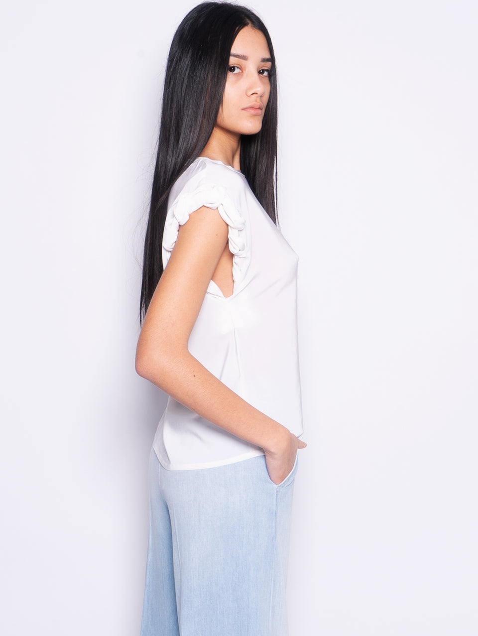 PINKO Blusa Girocollo con Lavorazione sulla Manica Bianco Sconti questo mese