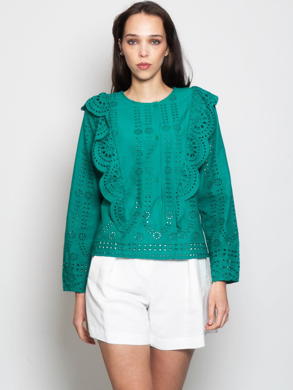 MUNTHE Blusa Girocollo in Cotone con Ricami Verde