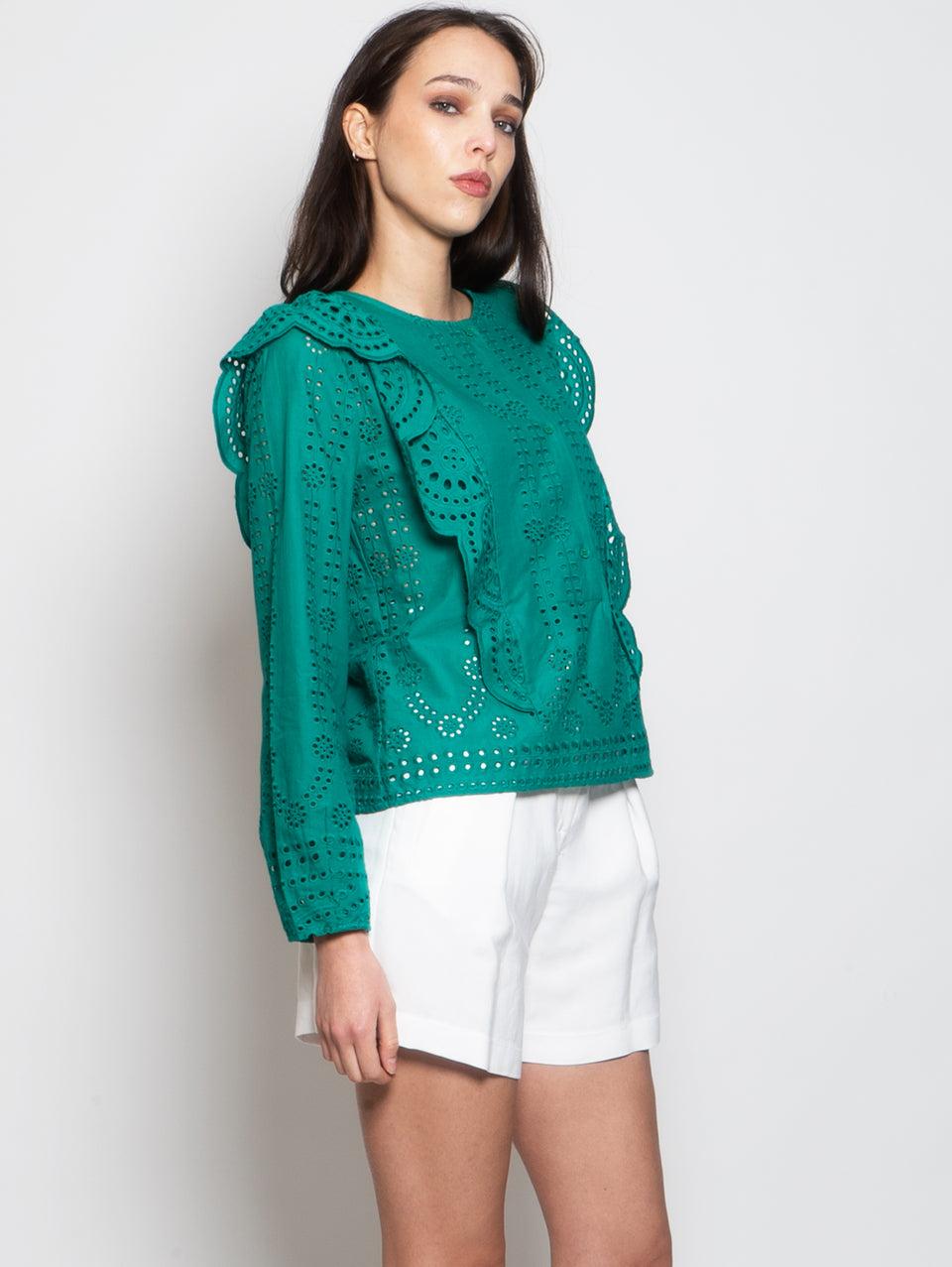 MUNTHE Blusa Girocollo in Cotone con Ricami Verde In Linea